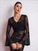 Xiyin Women's Elegant V-Neck Lace Bell Sleeve Slim Fit Top