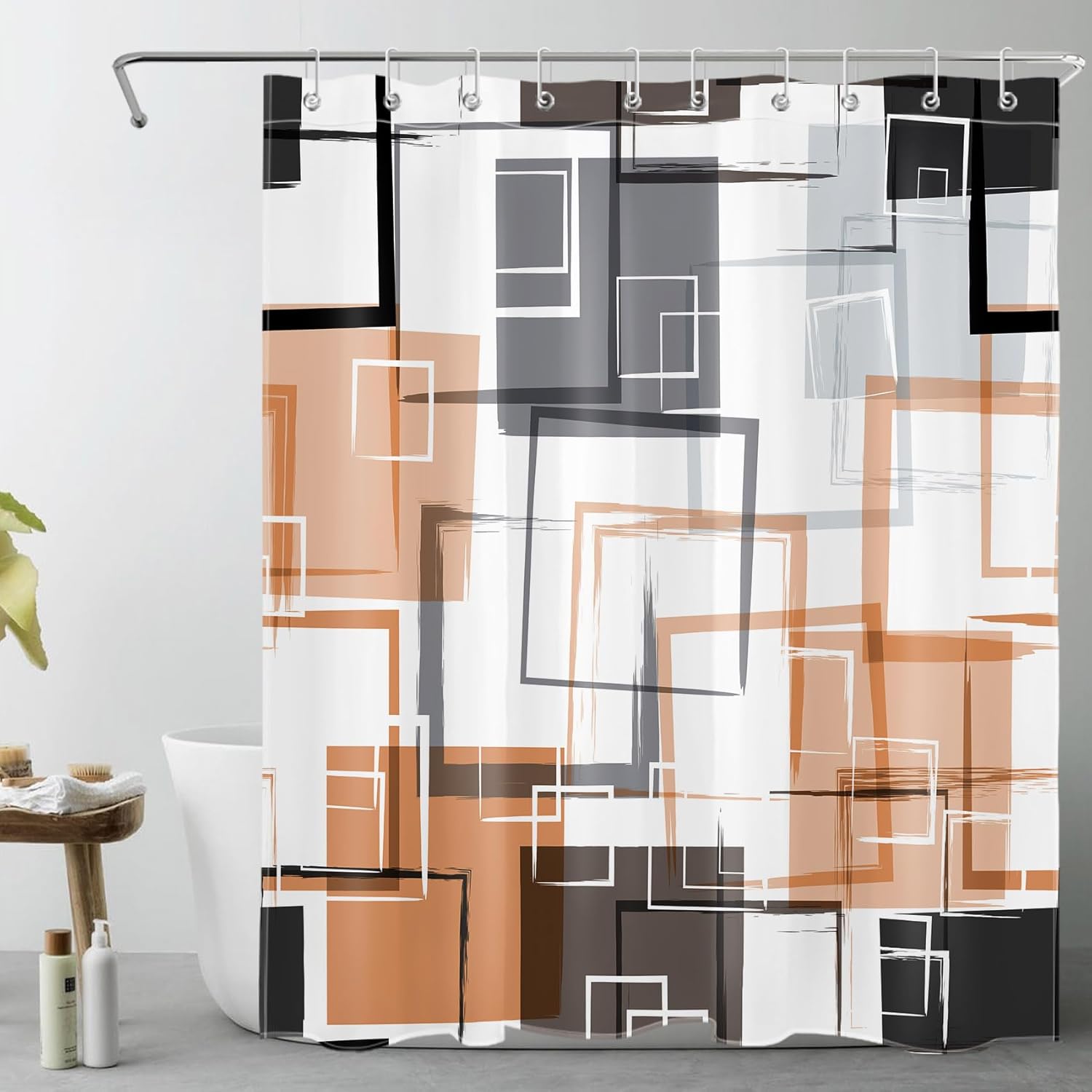 Modern Geometric Shower Curtain Brown Black And White Abstract Geometric Shower Curtain For Bathroom Modern Minimalist Bath W60H190(CM)-1 Pcs