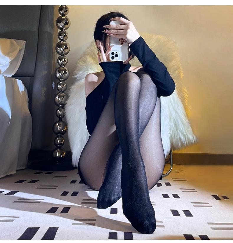 Aurora Silky Open Crotch Black Glossy Seamless Stockings with Vertical Lines - Ultra-thin Pantyhose for Women