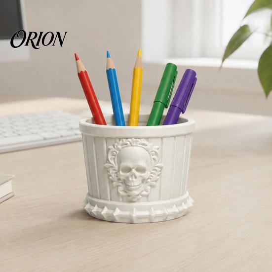 Multi Purpose Storage Barrel Gothic Skull Pen Holder, 3D Printed PLA Stationery Organizer, Gaming Desktop Halloween Theme Container for Makeup Brushes