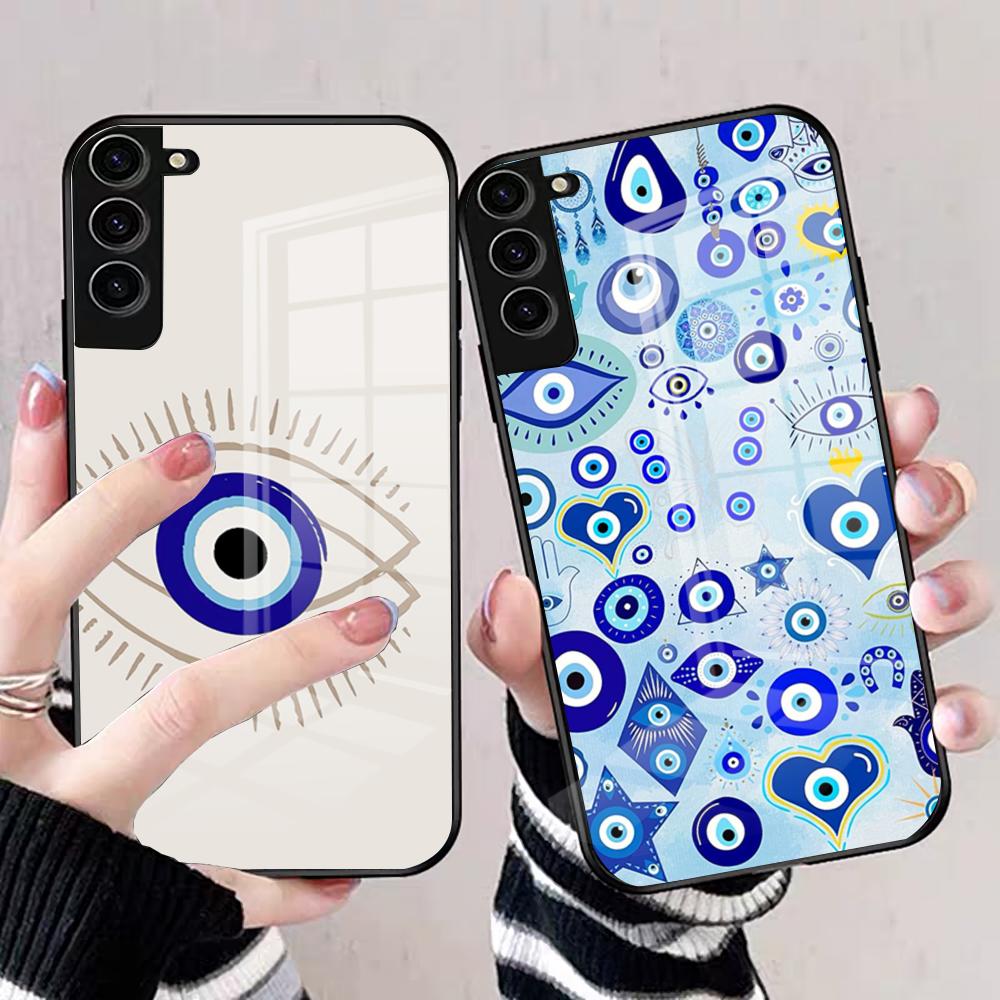 Vintage Evil Eyes Blue Phone Case For Samsung S25 Edge Ultra S23 S22 S21 S20 Ultra Plus S24 Fe A54 A53 A25 Glass Cover