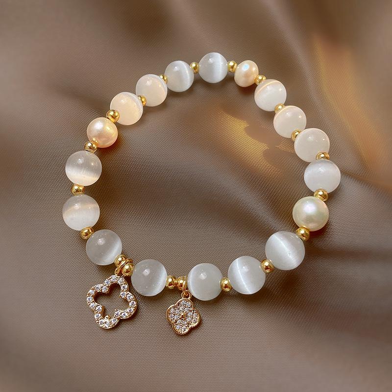 Cat's Eye Stone & Pearl Beaded Bracelet with Four-Leaf Clover & Petal Accents - Elastic Cord for Women