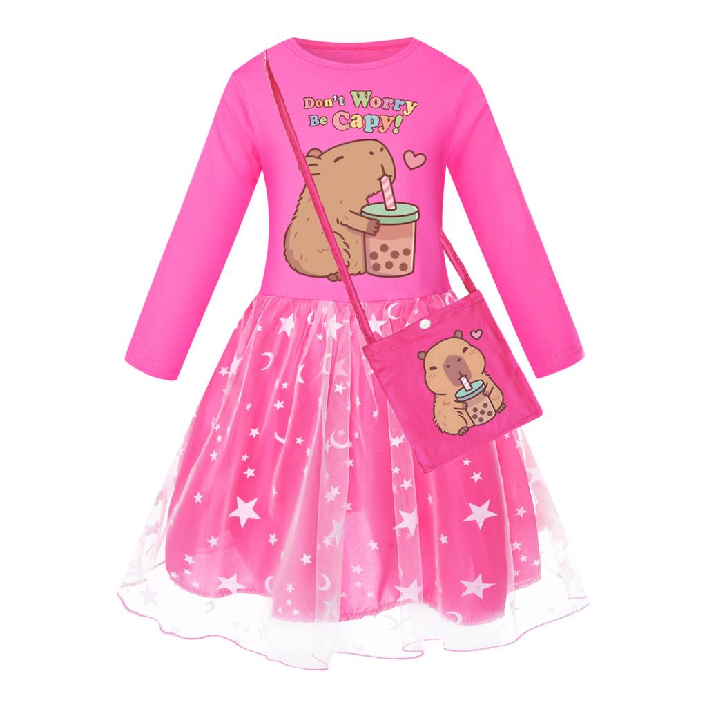 Girls star rainbow lace copybara print dress
