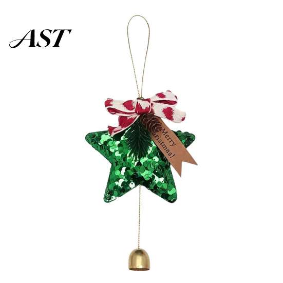 Durable Polyester Ornaments Glitter Star Bell Ornaments, Sequin Hanging Decoration with Bow Pine Xmas Tree Accessories Cone, Sparkly Christmas Pendant
