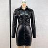 Soft Leather Long-sleeved Dress Autumn and Winter New Women's Pleated Slim Single-breasted Buttons