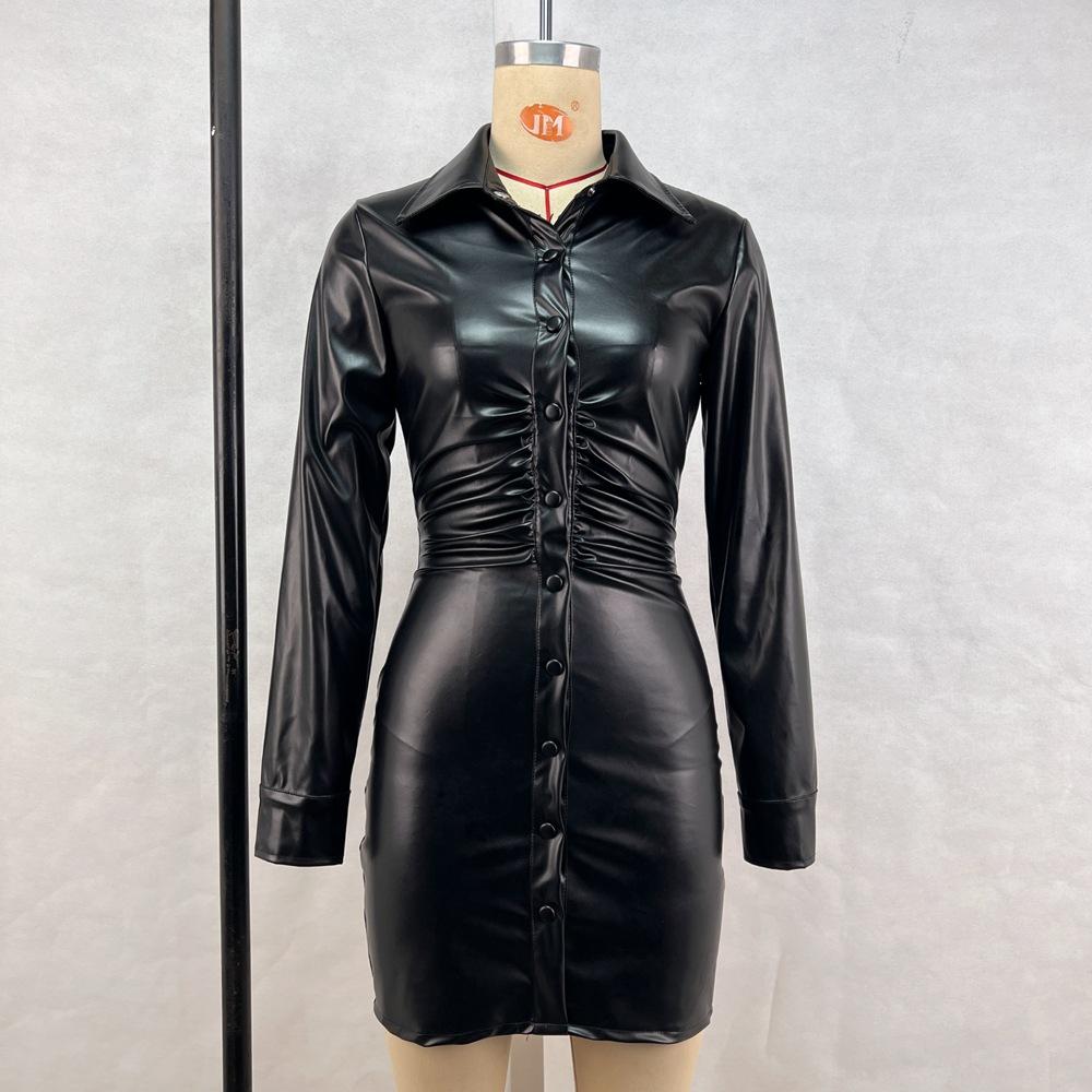 Soft Leather Long-sleeved Dress Autumn and Winter New Women's Pleated Slim Single-breasted Buttons
