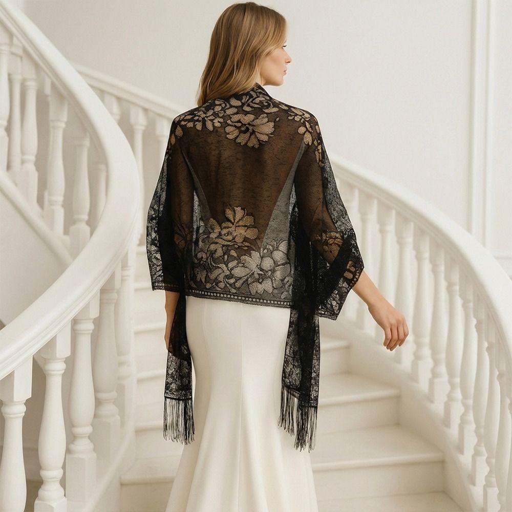 Fashion Tassel Patchwork Women Tulle Shawl Hollow V-Neck Cardigans Lace Scarf Shawl Multicolored Evening Prom Cape Cosplay