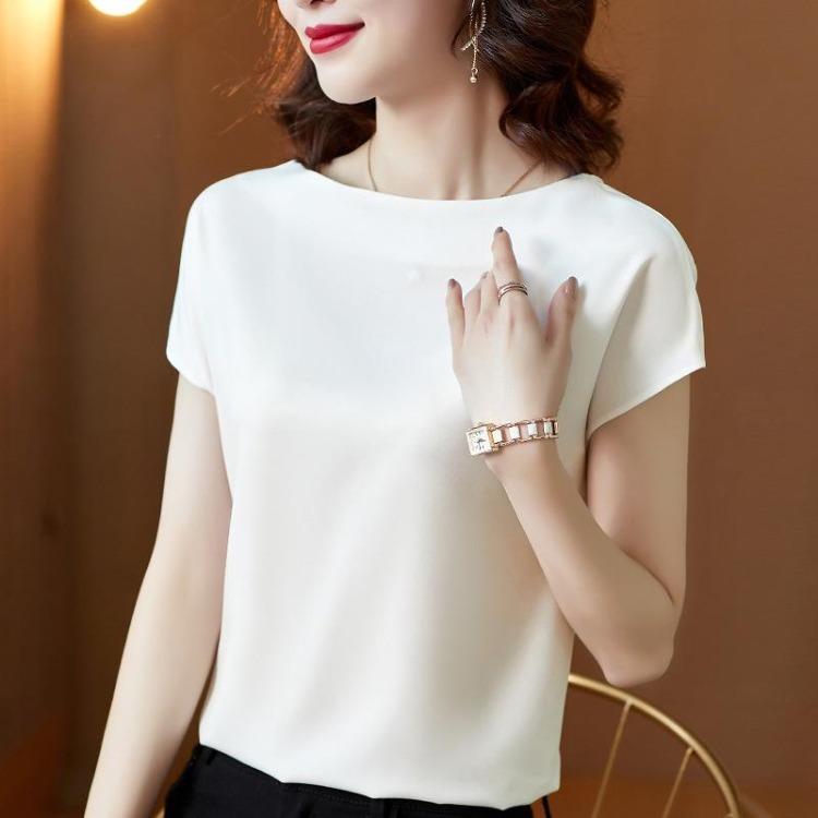 Loose Summer Comfortable Women's Satin T Shirt Casual Short Sleeve O Neck Solid Color Fashion Plus Size Top Clothes