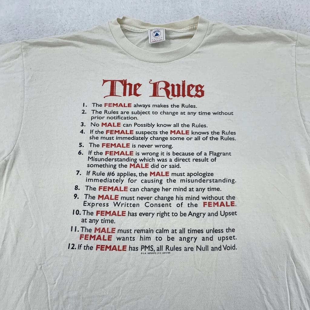 Vintage Men & Women The Rules T-Shirt Mens L/XL Funny Humor Sex Joke