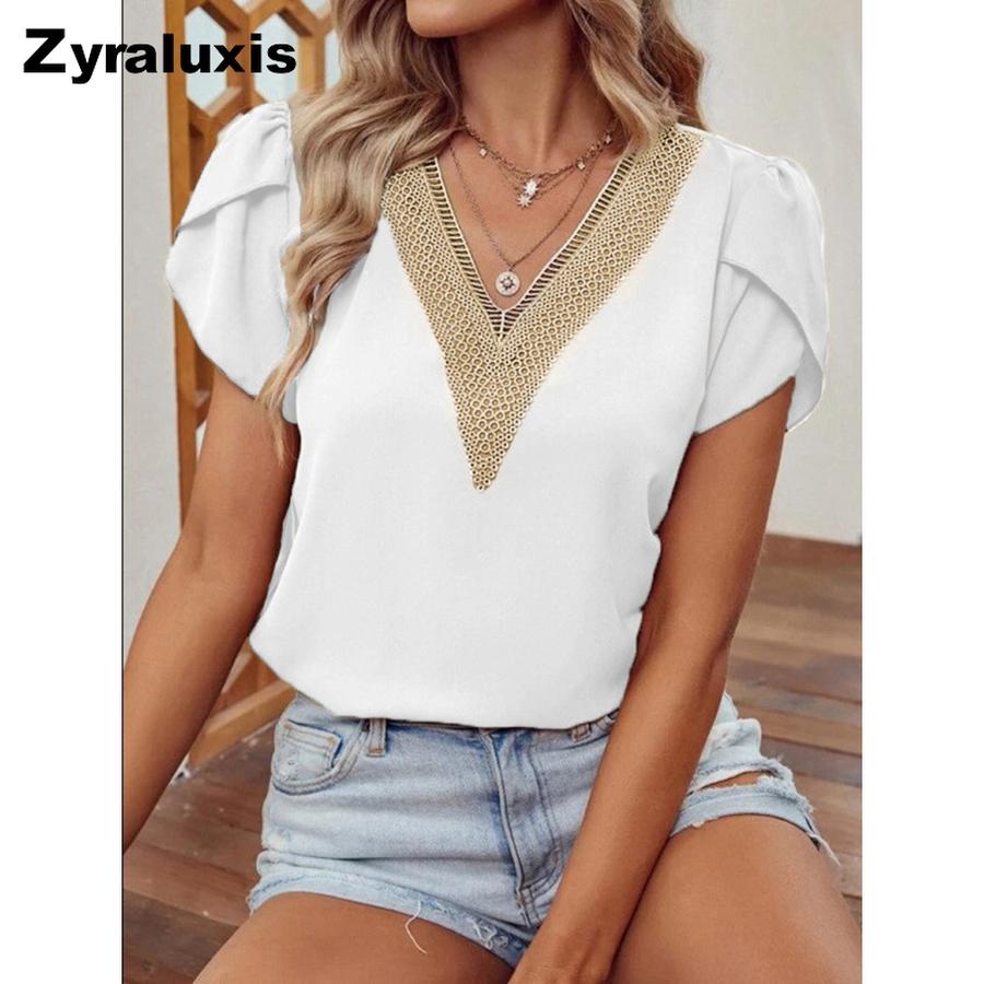 New Summer Outwear Women s Floral Collar Short Sleeve Solid Color Top S белый