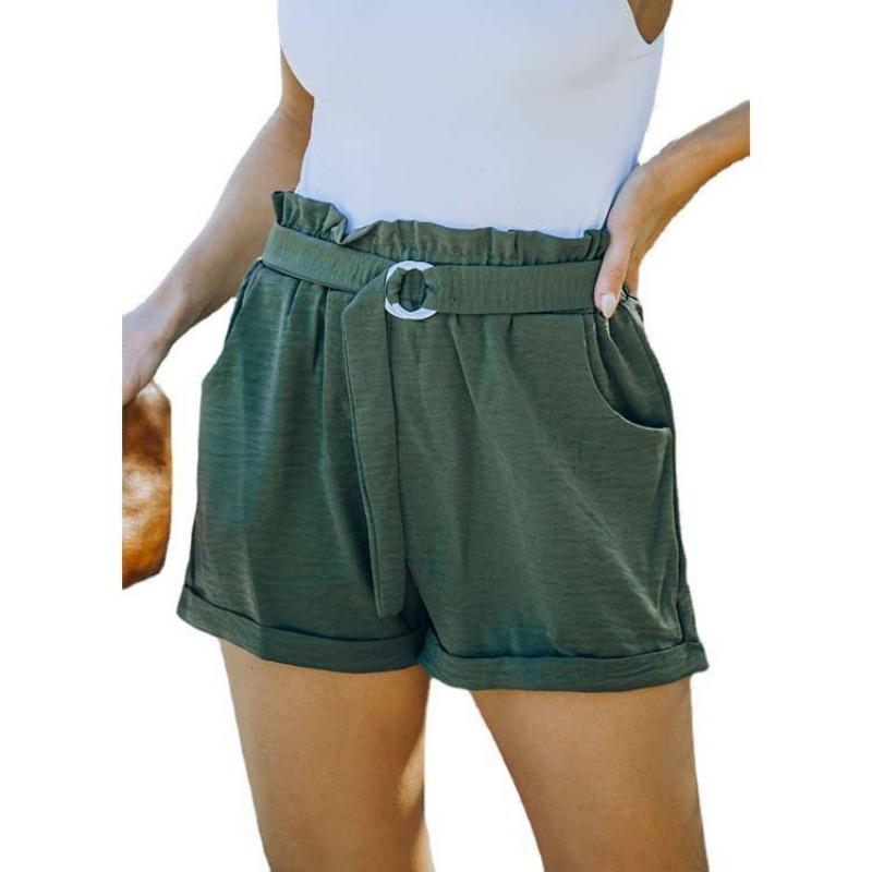 Women Summer Solid Color High Waist Loose Lace Up Pocket Casual Shorts