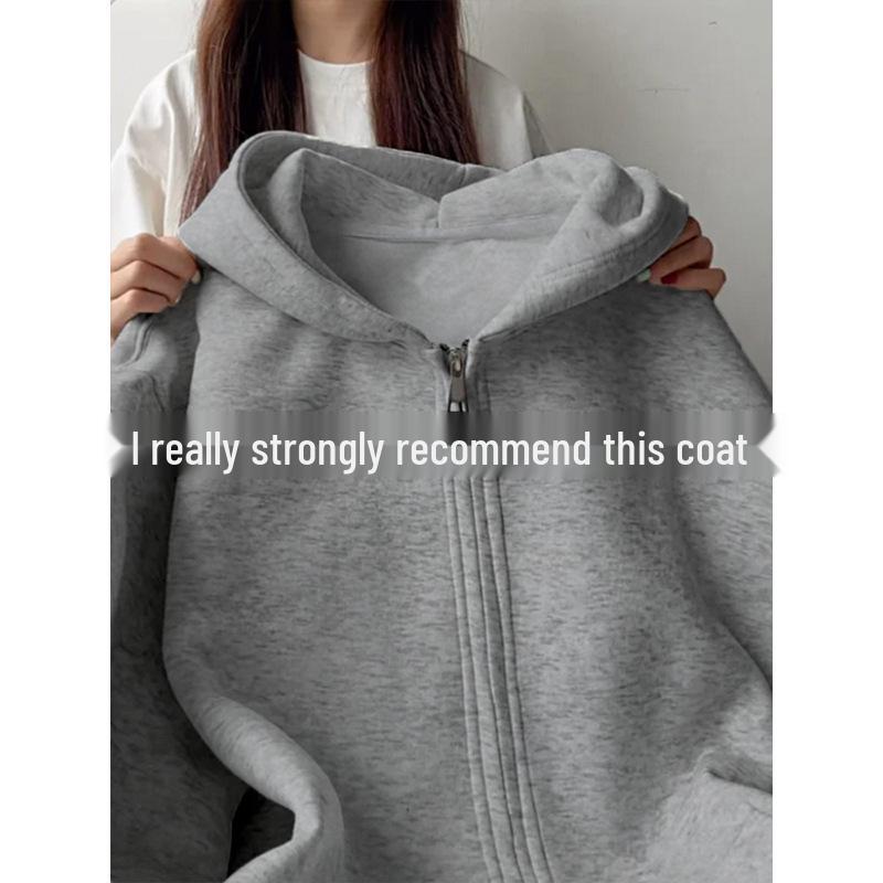 

Женская серая куртка-толстовка с капюшоном - Тонкая в корейском стиле для осени и весны 2025 L