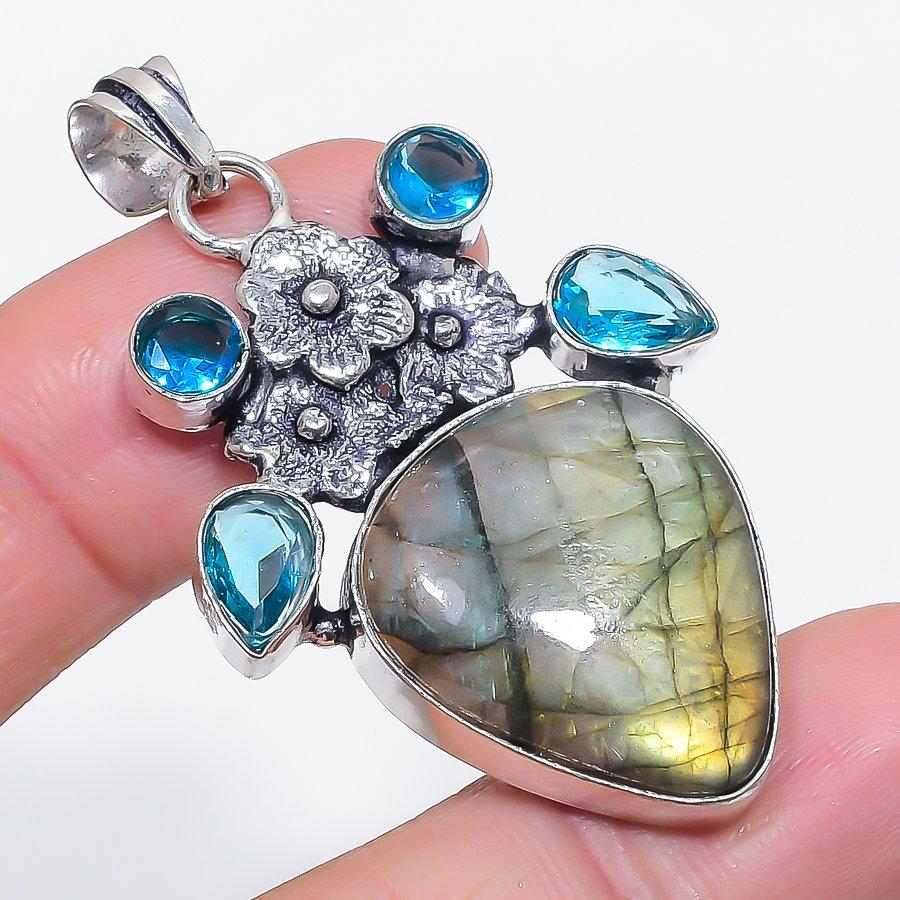 Natural Labradorite, Topaz 925 Sterling Silver Jewelry Pendant 2.17" b8G04