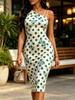 White Green Polka Dot Floral Print One Shoulder Spaghetti Strap Bodycon Midi Dress Womens Casual Party Dress