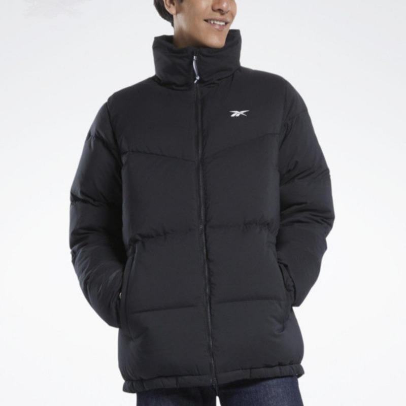 Reebok Solid Color Stand Collar Warm Zipper Jacket Down Coat Unisex Jackets Black HS3887