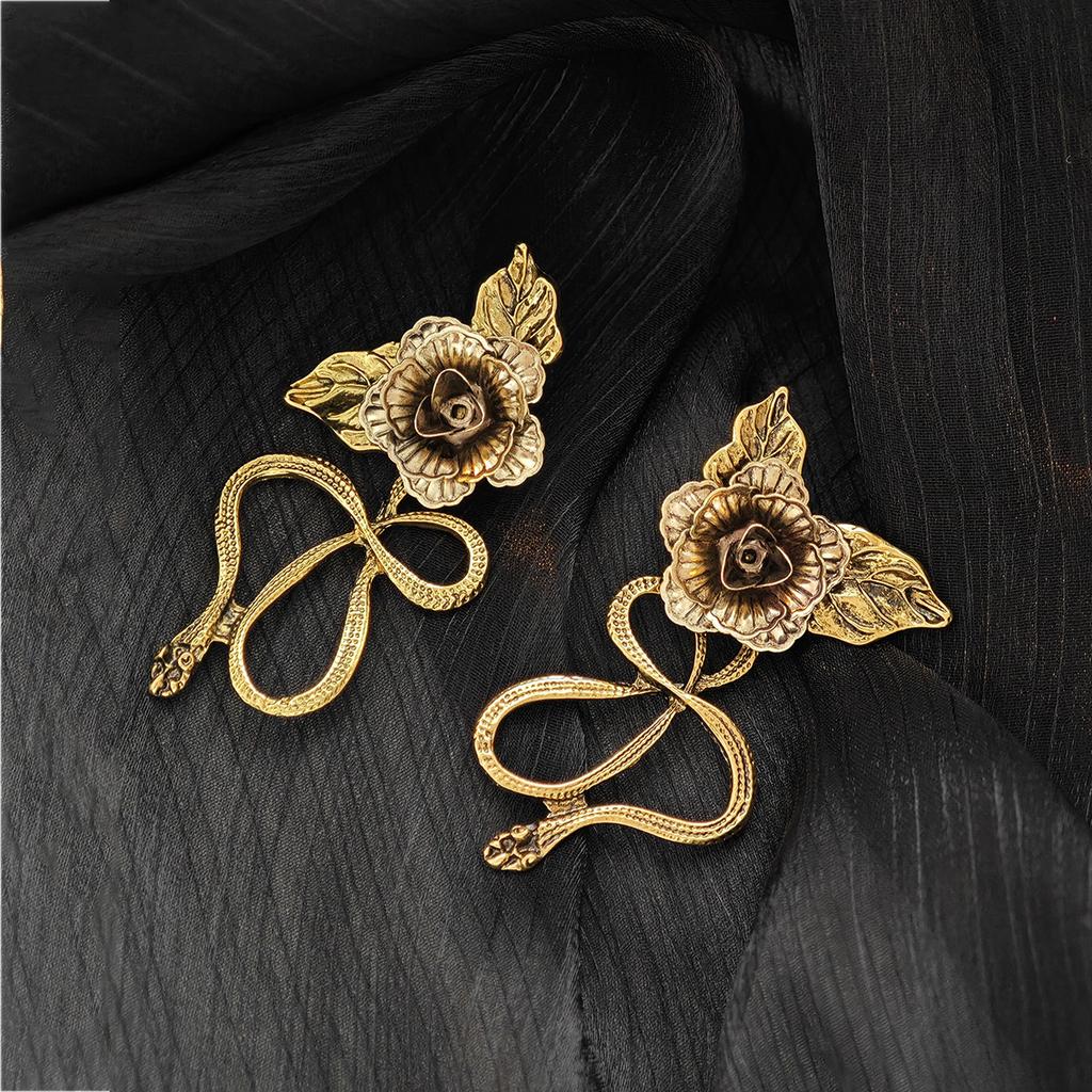 Three-Dimensional Bronze Rose Snake Stud Earrings, Retro High-End Sense Exaggerated Cold Wind Earrings Women