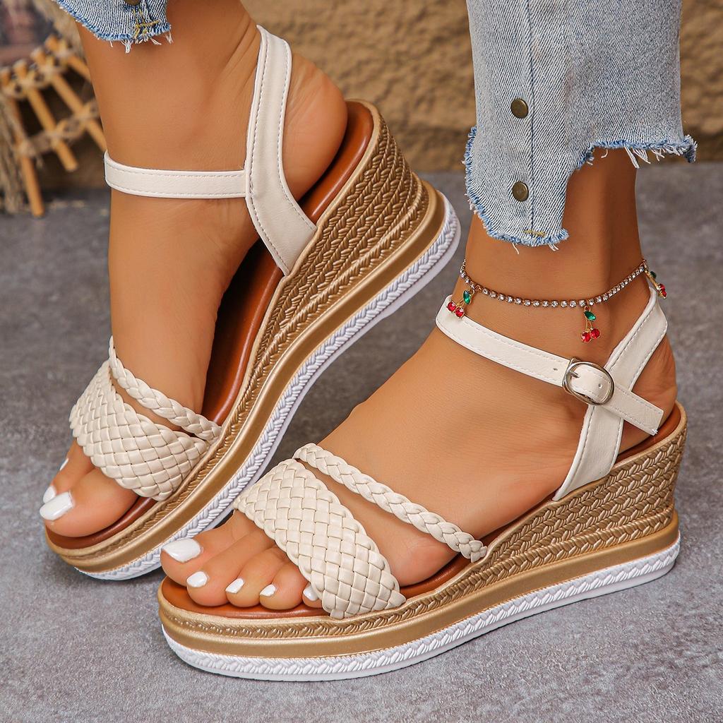 Women's Wide Width Single Strap Sandals, Buckle Detail Wedge Heel Slides, Wholesale Summer Shoes in Stock