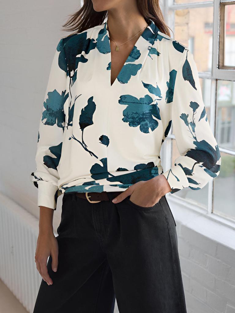 Elegant V-Neck Long-Sleeve Women's Shirt with Floral Print