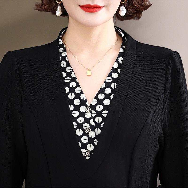 2025 New Spring & Autumn Long-Sleeve Dress for Middle-Aged Women - Elegant Slimming Faux Two-Piece Design