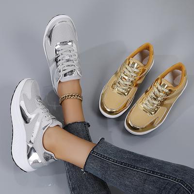 35-42  Gold/silver Large Size Women's Thick Soled Rocking Shoes with Mesh Casual Sports Shoes