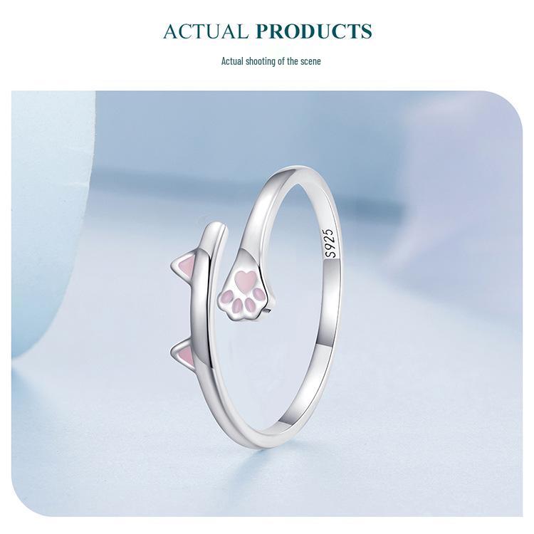 Ziyun S925 Silver Cat Open Ring with Pink Heart and Paw Print Design BSR316