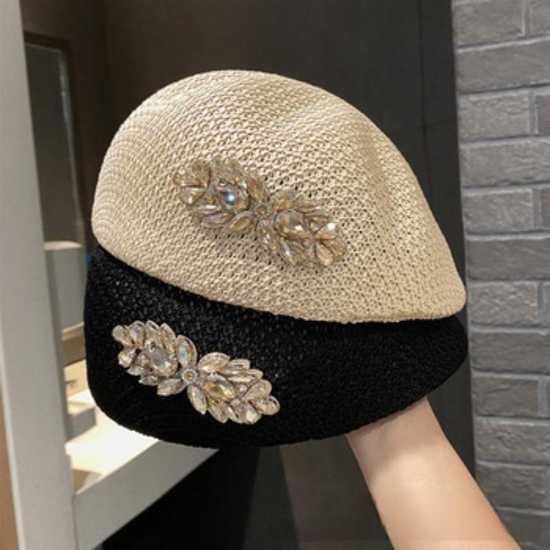 1 Piece of Vintage Rhinestone Knitted Beret, Elegant and Versatile. Vintage Party Rhinestone Design with Premium Texture