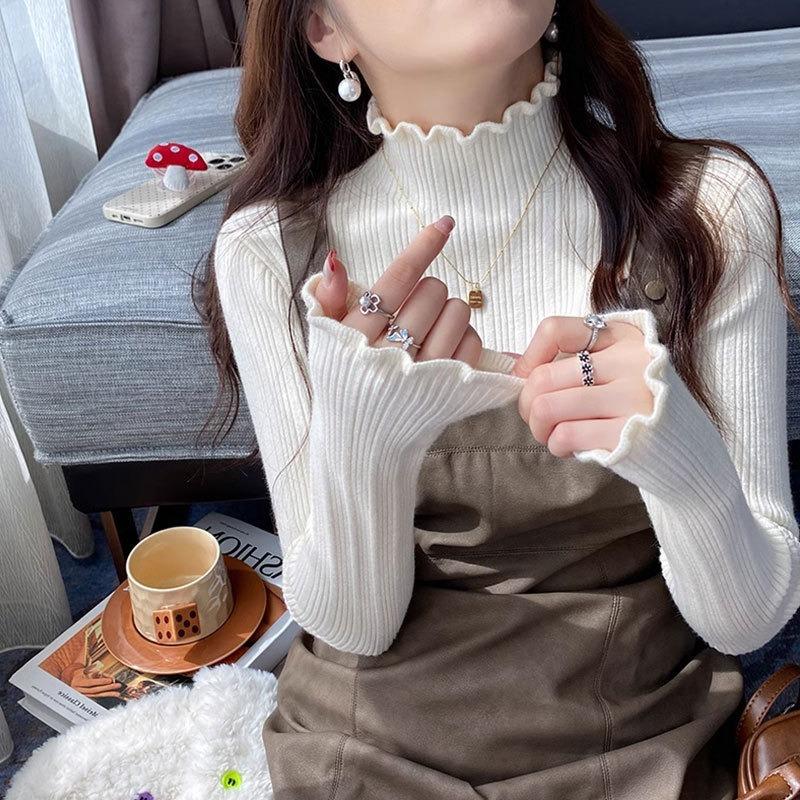 Super good-looking fungus edge bottoming shirt women's autumn and winter with white knitted sweater semi-turtleneck sweater