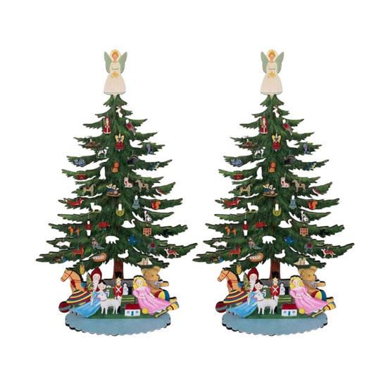 10 Inch Wooden Mini Christmas Tree Handmade 3D Xmas Tree Tabletop Centerpiece with Angel Topper for Home Office Mantel Decor
