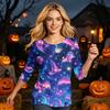 Women's Casual Halloween Graphic Top Three Quarter Sleeve Round Neck Skeleton Print Shirt for Fall Seasonal Wear