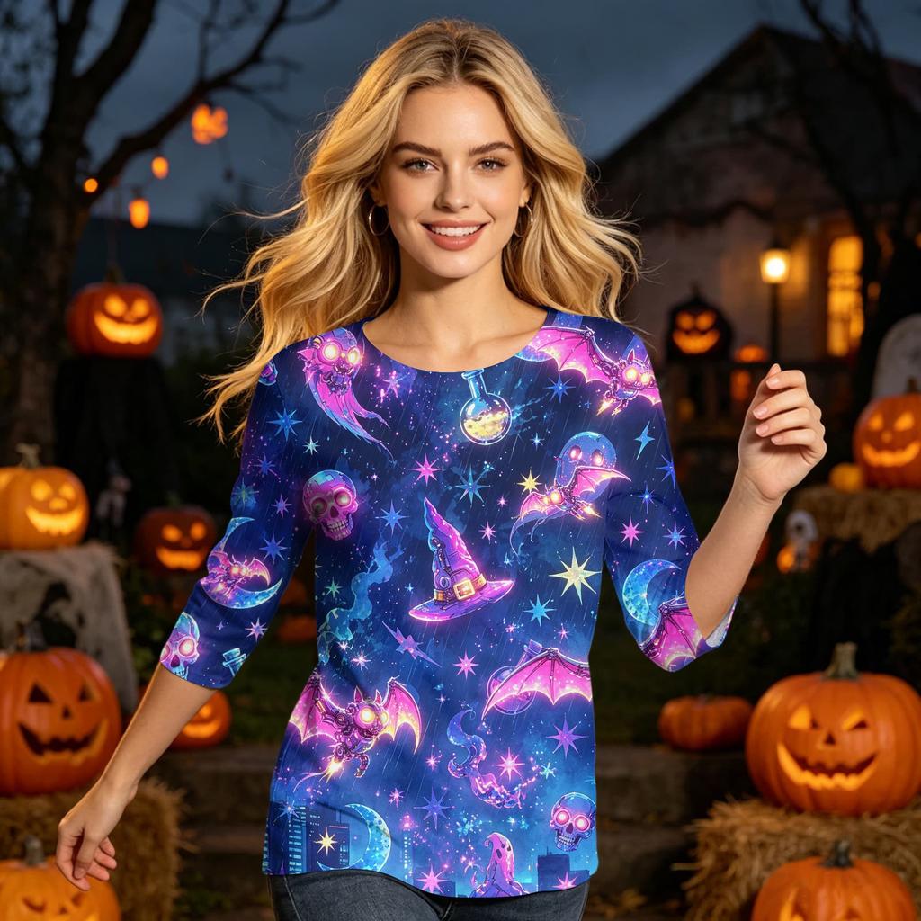 Women's Casual Halloween Graphic Top Three Quarter Sleeve Round Neck Skeleton Print Shirt for Fall Seasonal Wear