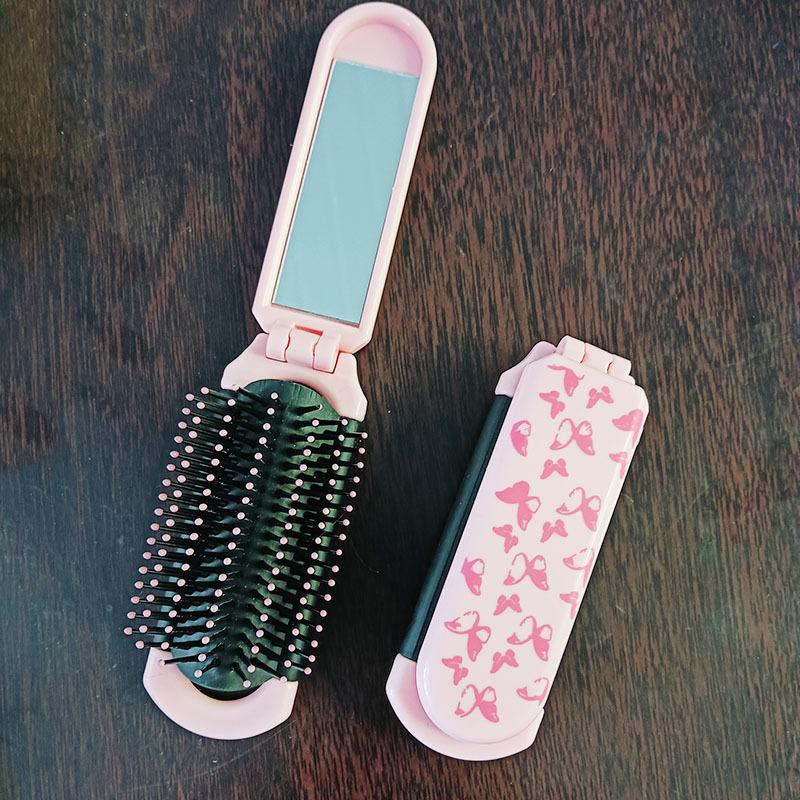Portable Folding Air Cushion Brush with Mirror in Pink, Pocket-Size Comb for Scalp Massage & Styling