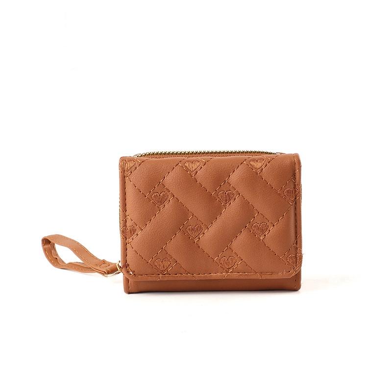 Women'S Wallet Tri Fold Card Bag Pu Multi Objects Pocket Short  Embroidered Love Pattern Korean Minimalist
