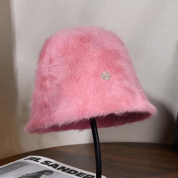 Korea Designer M Bucket Hat Woman Warm Plush Angola Rabbit Fur Hat Lady Autumn Winter Ins Fashion Basin Hat Retro Fluffy Panama