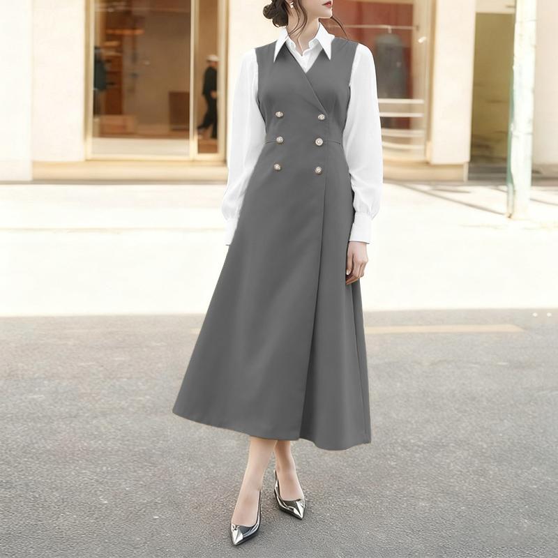 

ZANZEA Жіноча повсякденна сукня з відкладним коміром, пэчворк, довгий рукав 5XL сірий колір