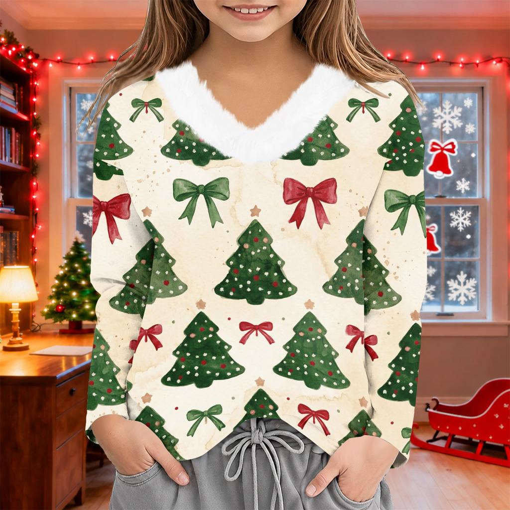 Girls Christmas Print V-Neck Casual Top for Winter