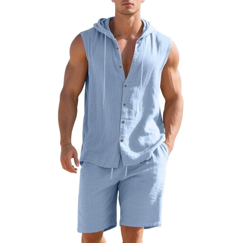 Men Shirt Shorts Two-piece Suit Hooded Sleeveless Shirt Adjustable Elastic Shorts Set Hiking Workout Summer Casual Outfit