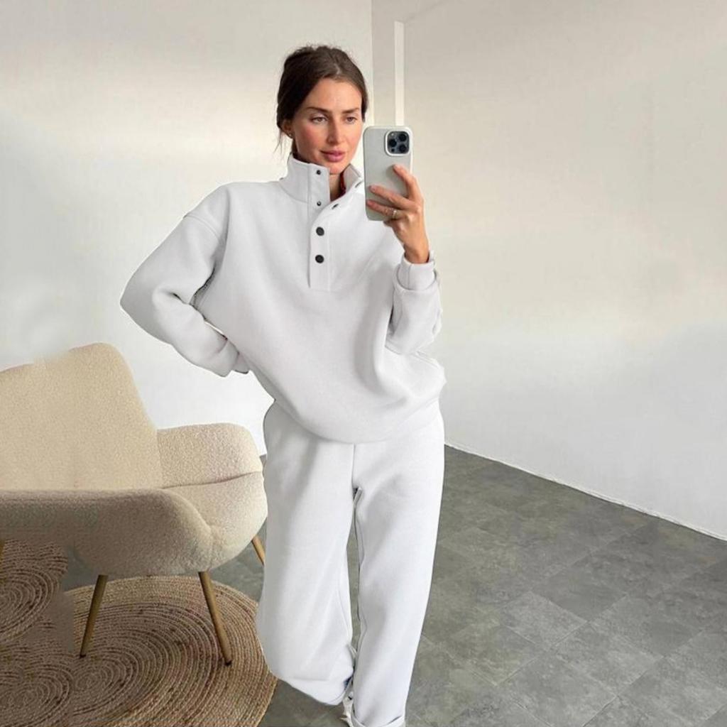 Spring and Autumn Women's Fashion Button Up Collar Hoodie Loose Pants, Hoodie Set