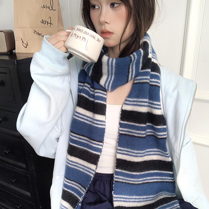 Falling Pool Women's Retro Striped Knit Scarf - Fluffy, High-End, Soft Neck Warmer for Autumn/Winter