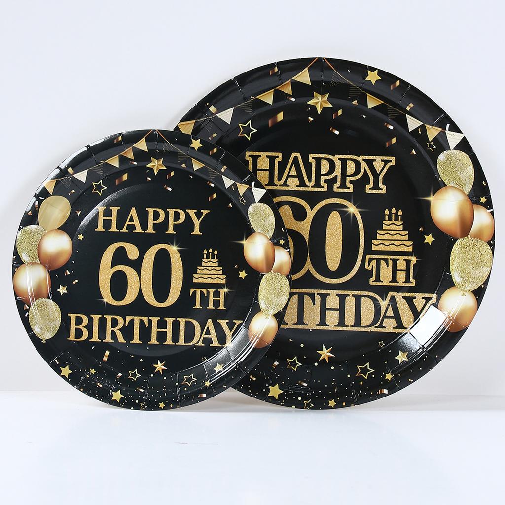 60th Black Gold Birthday Disposable Tableware Happy 60th Birthday Party Decoration Adult Favors Gift Dinnerware Banquet Supplies