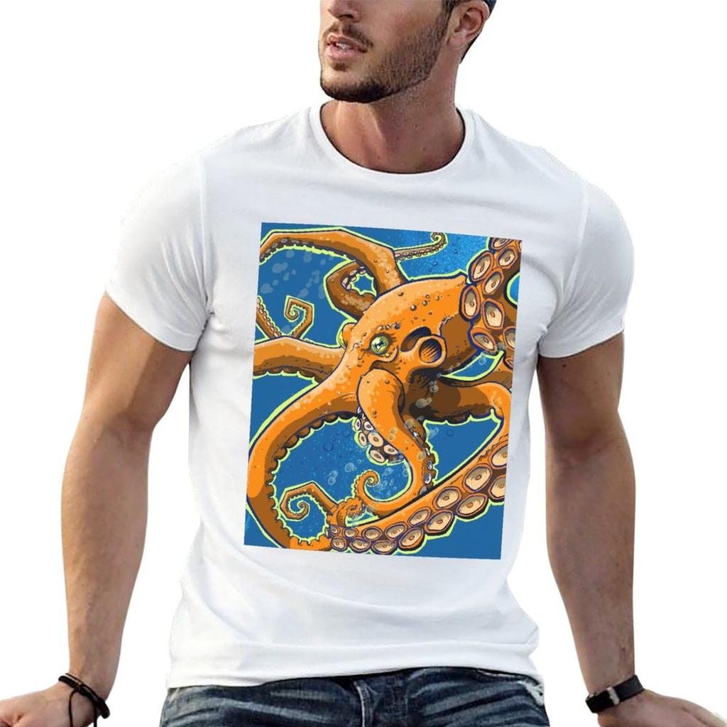 Tangerine Octopus On Blue Background TShirt Cotton T Shirts High Quality Cotton T Shirt Pack Funny T Shirts Unisex TShirt