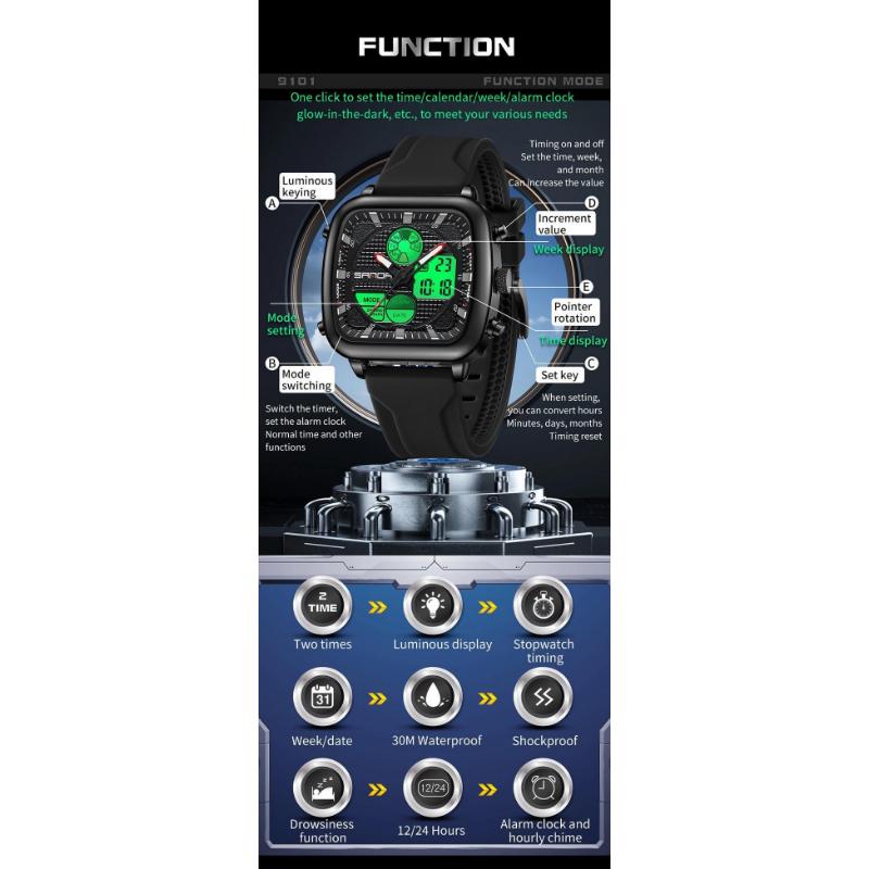 SANDA Retro Square Double Display Electronic Watch Night Light Waterproof Business Leisure Men's Watches Sports Silicone Strap Wristwatch