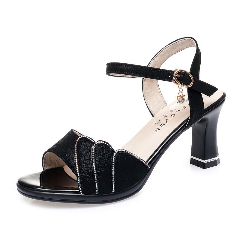 

Комфортные мягкие кожаные сандалии, женская летняя модная обувь, туфли на толстом каблуке, высокие каблуки, ромбовидные нескользящие черные тонкие туфли 36(Foot23cm)