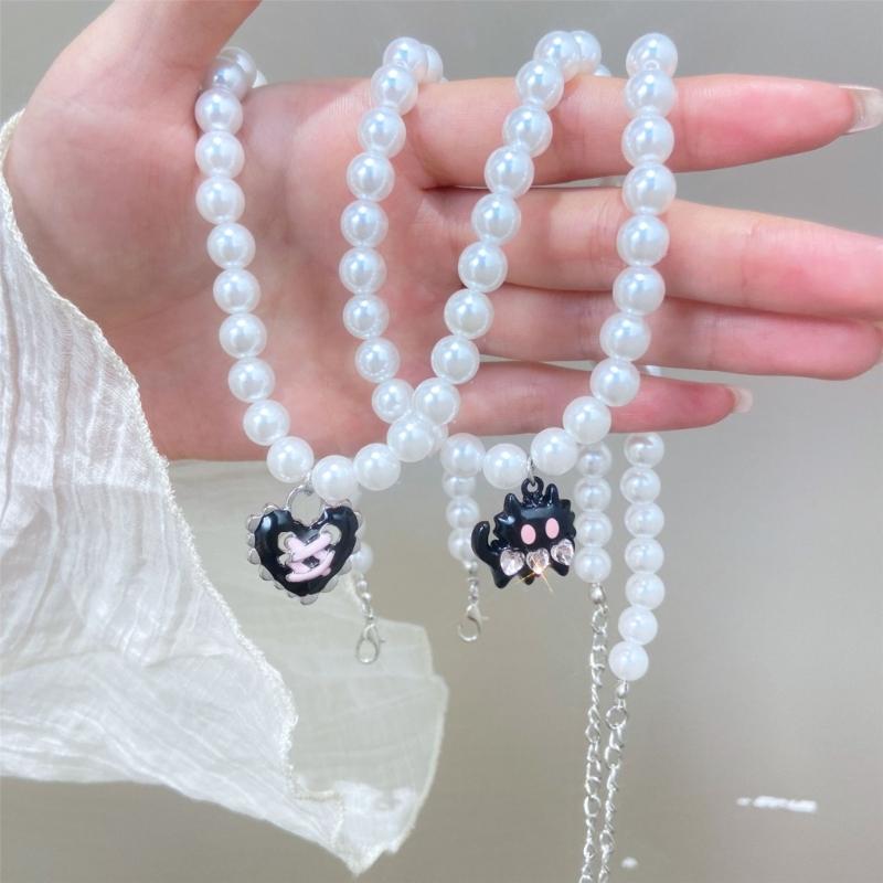 Imitation Pearl Beaded Choker Adjustable Length Neckchain Accessory for Ladies Heart/Crucifix/Cats Pendant Necklace