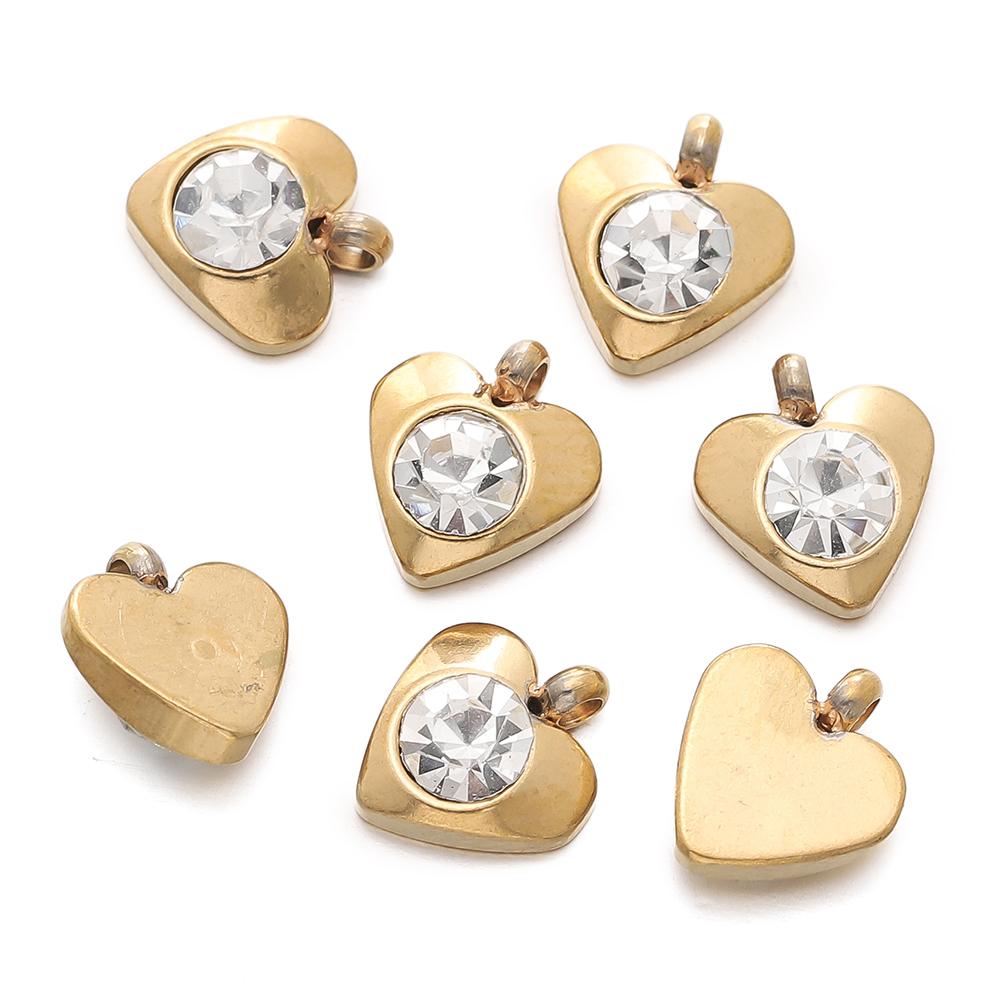 10pcs Gold Color Stainless Steel with Crystal Rhinestone Charms Heart Pendants for DIY Necklace Earrings Charm Jewelry Making