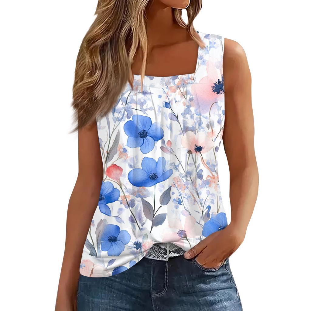 Women's Pleated Square Collar Sleeveless Vest Print T-shirt