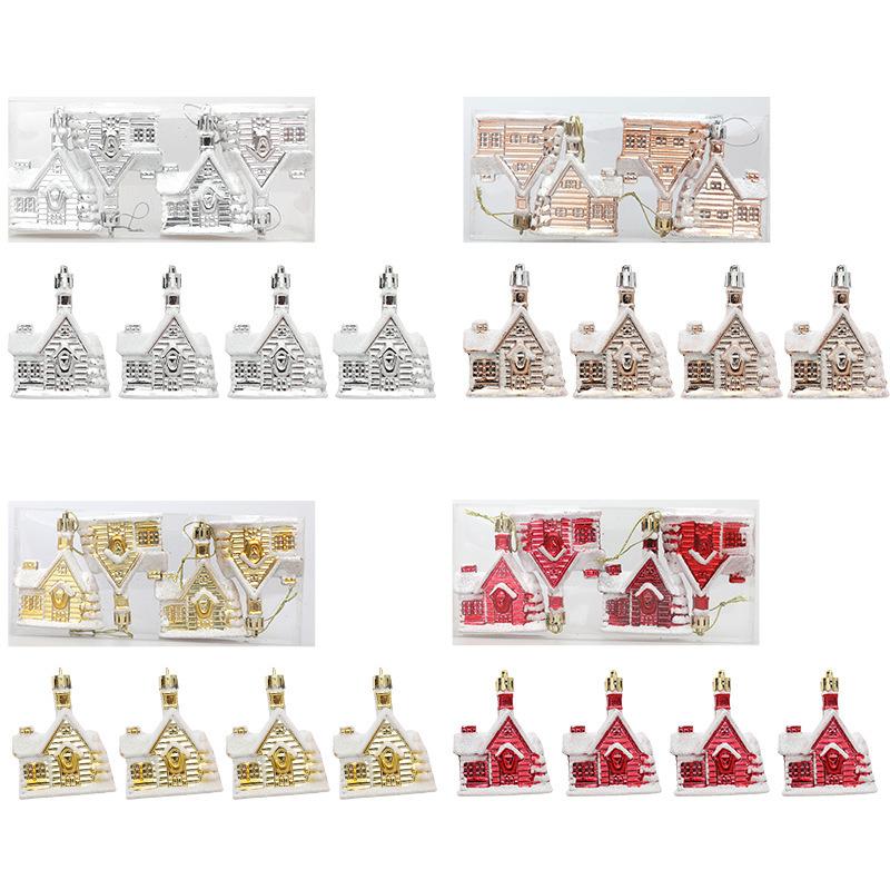 Christmas Supplies Red Gold Snow House Shape Christmas Tree Pendant Home 2025 New Year Decoration Xmas Tree Decors 4PCs/Set