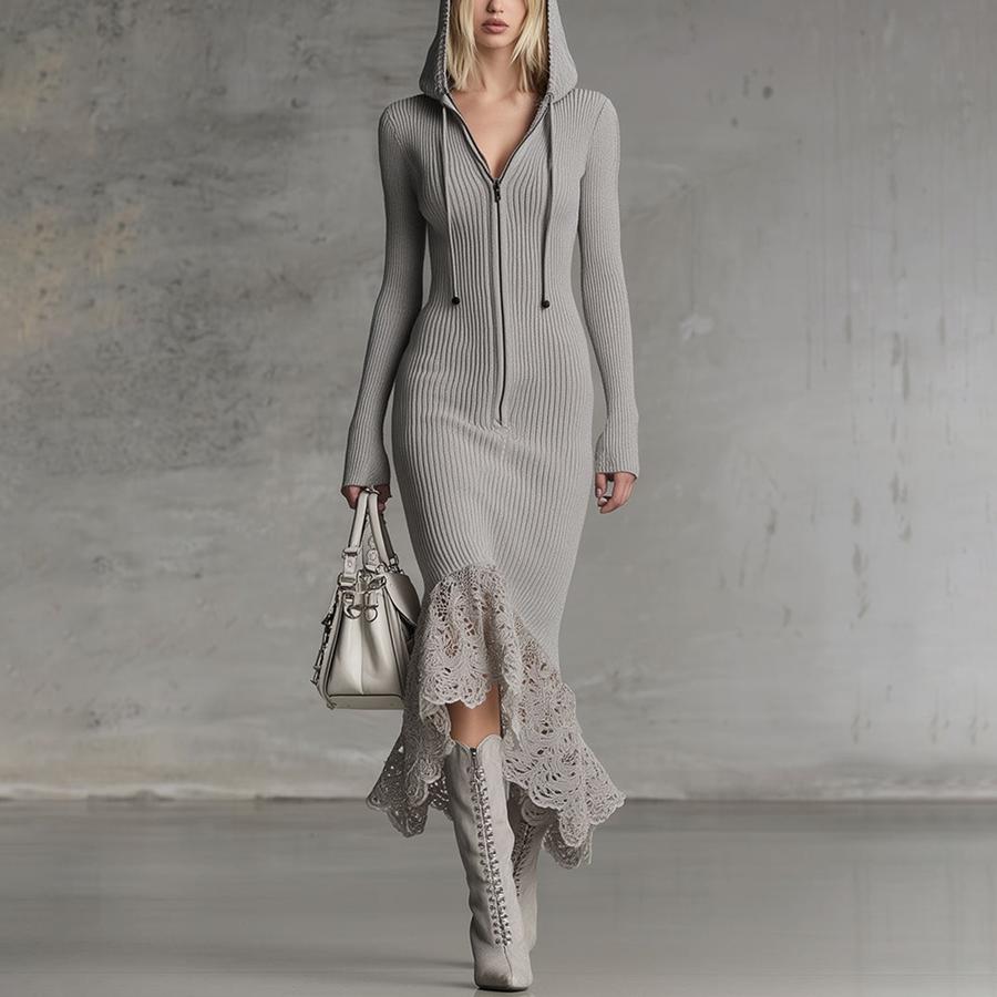 

Autumn Fashion New Elegant Style Zipper Stand Collar Bell Sleeve Knit Mermaid Dress XXL сірий колір