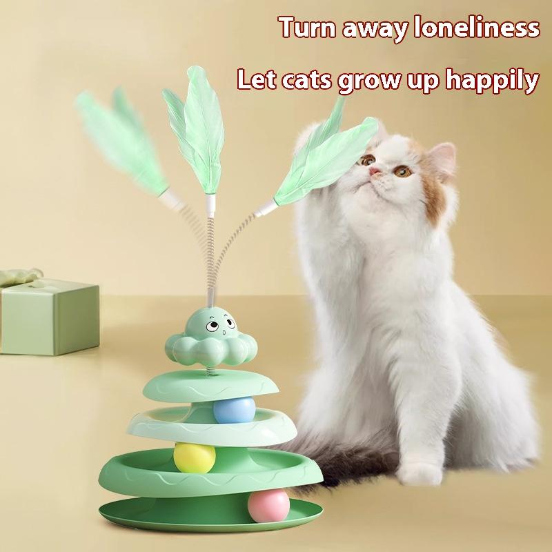 3-stöckiger Katzenspielturm Drehteller Rollkugelspielzeug Interaktives Intelligenz-Trainingsbahn Puzzle Lustige Spiele Zubehör