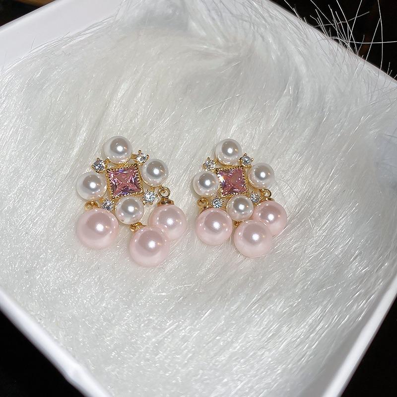 French Silver Needle Diamond Pearl Pendant Earrings Light Luxury Delicate Personality Earrings Design Sense Niche Earrings Women