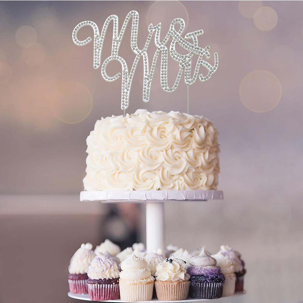 Herr und Frau Hochzeitstortenaufsatz Glitzernder Kristall Strass Schild für Hochzeitstorte Premium Silbermetall Jubiläumsdekoration